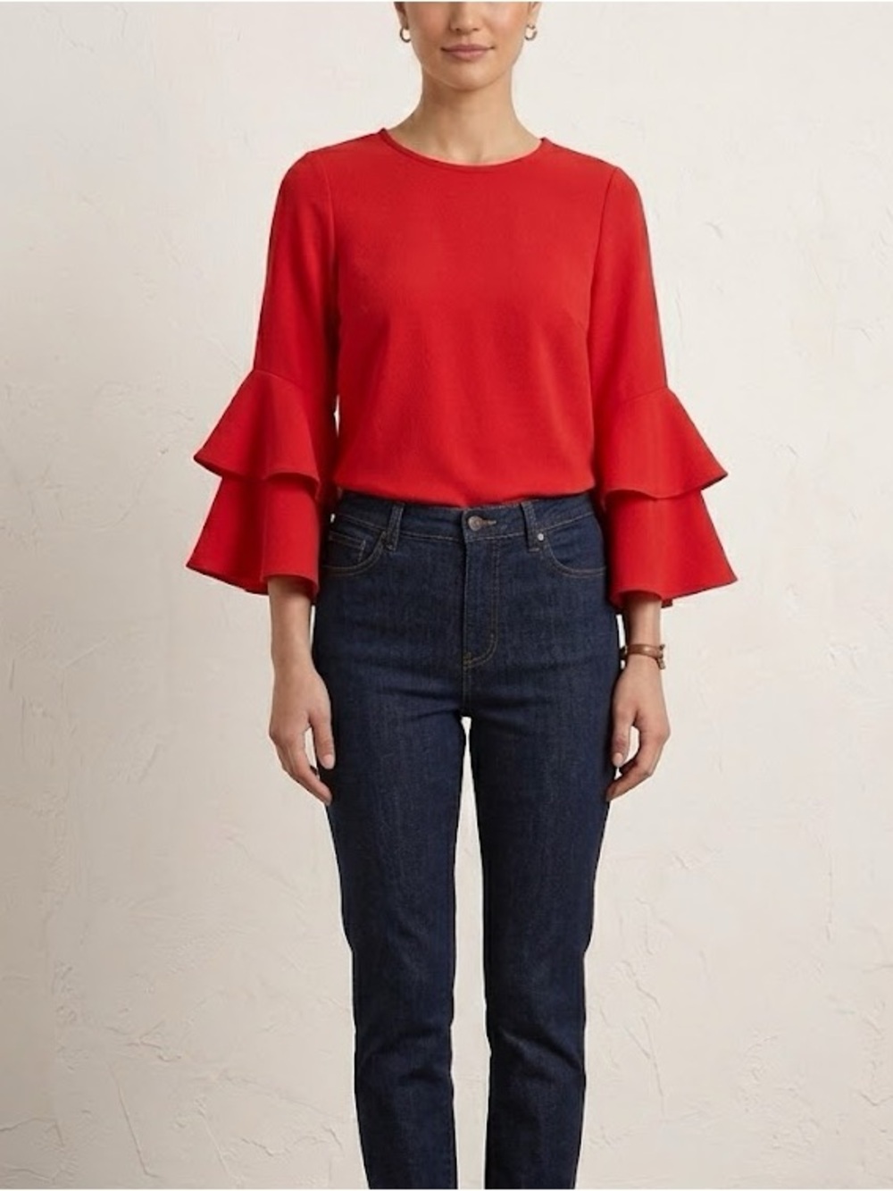 J Crew Red Ruffle Tiered Bell Sleeve Statement Top Blouse - Size 00